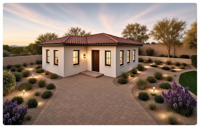 3D exterior rendering of Pine 900 sq ft ADU plans – 2 bedroom, 2 bath design with Spanish-style roof and desert landscaping.