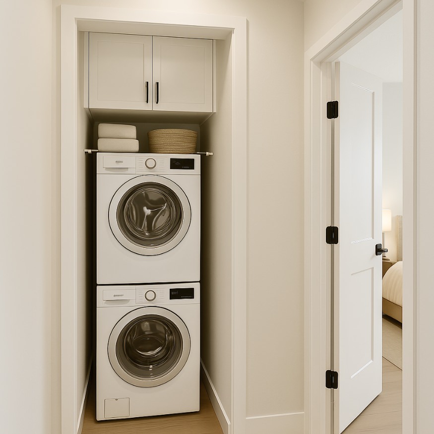 Stacked washer and dryer nook with built-in storage in adu floor plans 800 sq ft hallway layout
