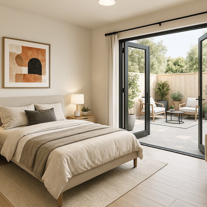 Primary bedroom with open French doors to private patio in Maple adu floor plans 800 sq ft