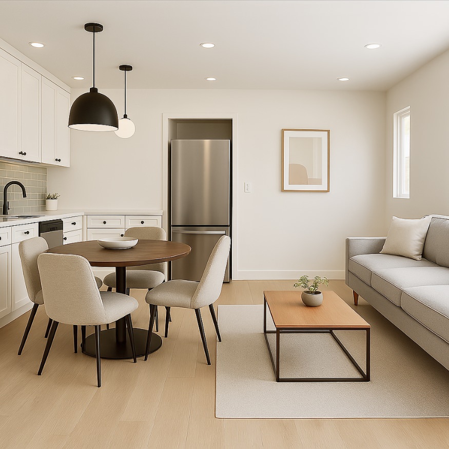 Open-concept living and dining area from adu floor plans 800 sq ft with light wood floors and Scandinavian decor