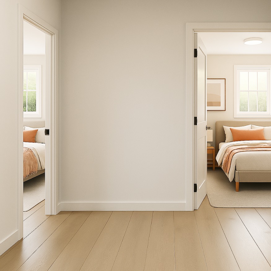 Hallway view of separated bedrooms providing privacy in Maple adu floor plans 800 sq ft