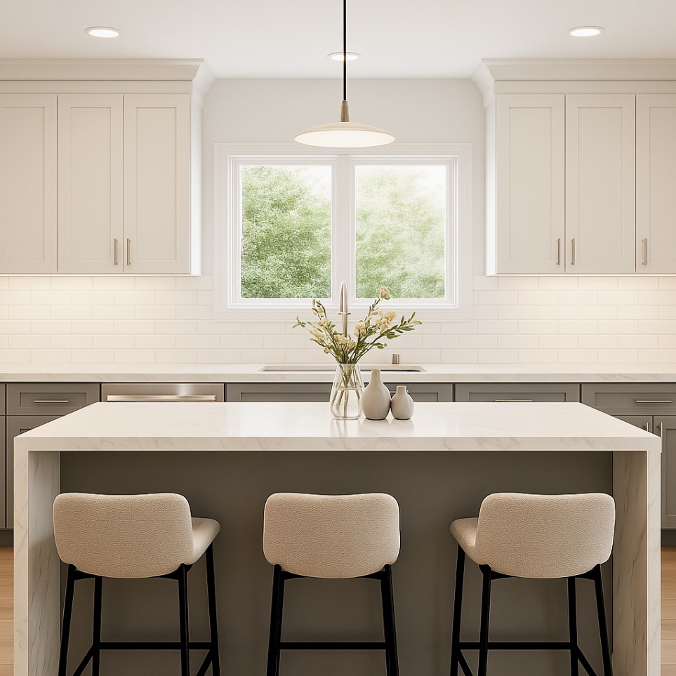 Central kitchen island featured in 880 sq ft ADU plans with elegant pendant lighting and modern cabinetry for an open-concept lifestyle.