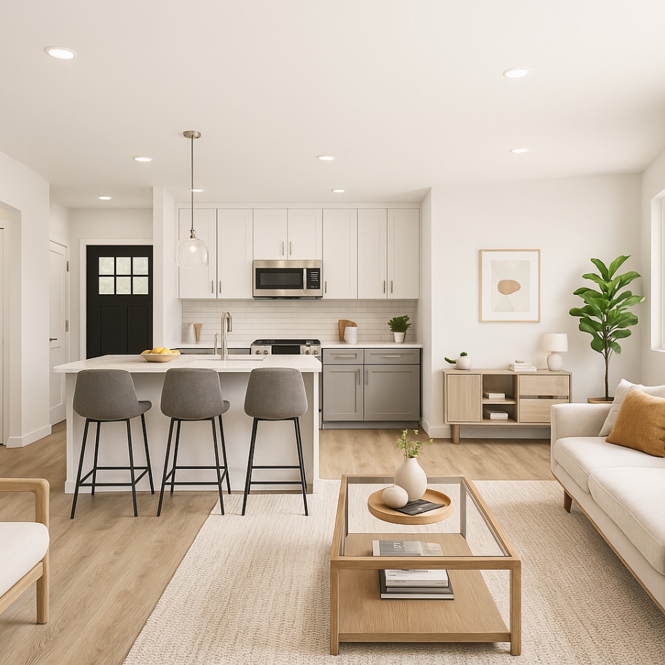 Full view of a living-dining-kitchen combo in 880 sq ft ADU plans highlighting efficient space usage and stylish interior layout.