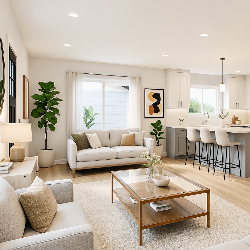 Bright, open-concept living space within the 880 sq ft ADU plans featuring natural light, neutral tones, and functional design.