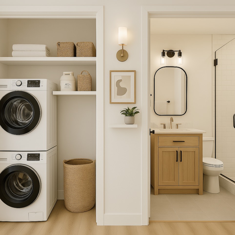 Central hallway in 900 sq ft ADU plans featuring a stacked washer and dryer setup with adjacent access to a compact bathroom.