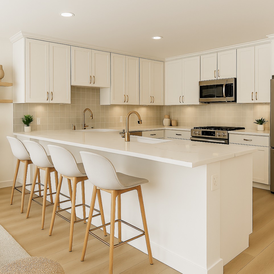 Functional L-shaped kitchen from 900 sq ft ADU plans, highlighting ample cabinetry, a large island with bar seating, and built-in appliances.