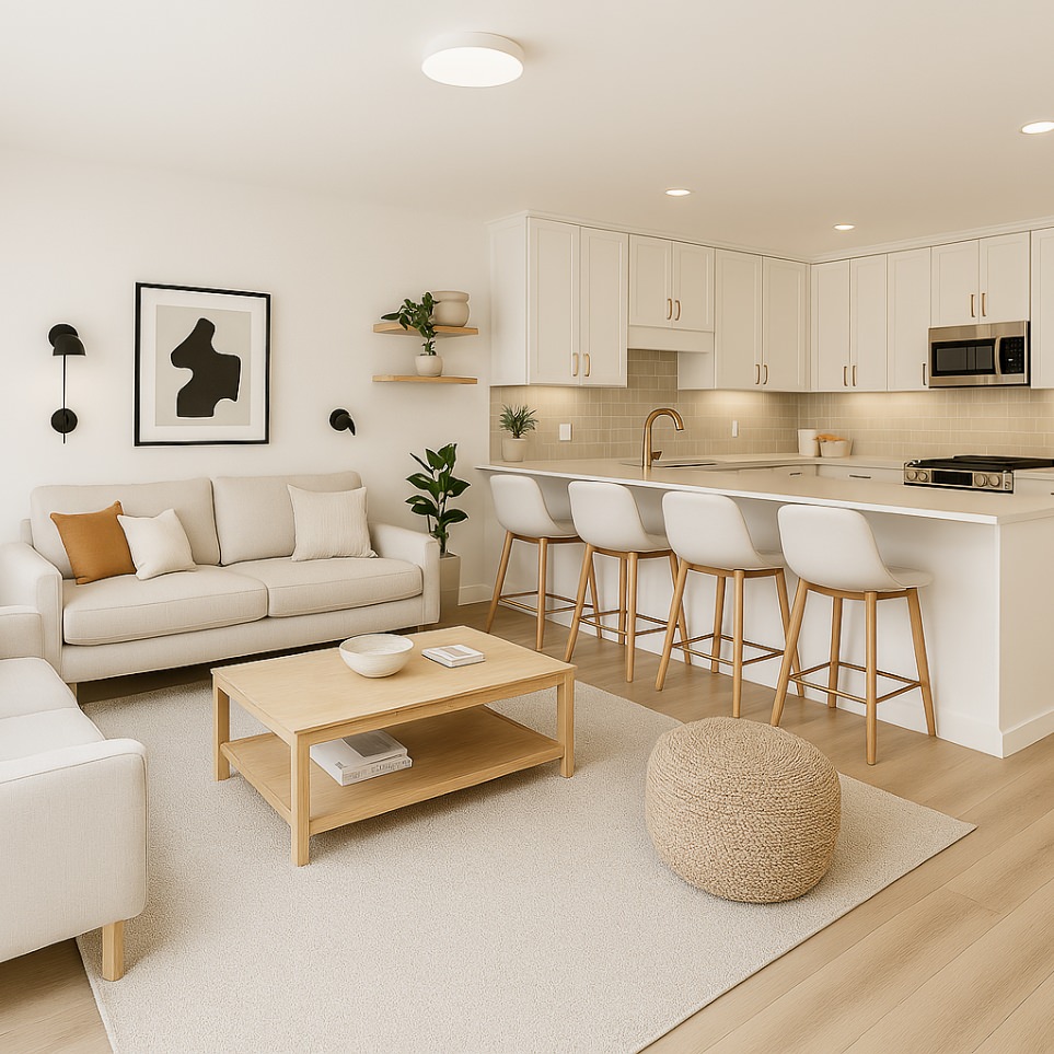 Open-concept space in 900 sq ft ADU plans combining a modern kitchen, dining area, and cozy living room for seamless daily living.