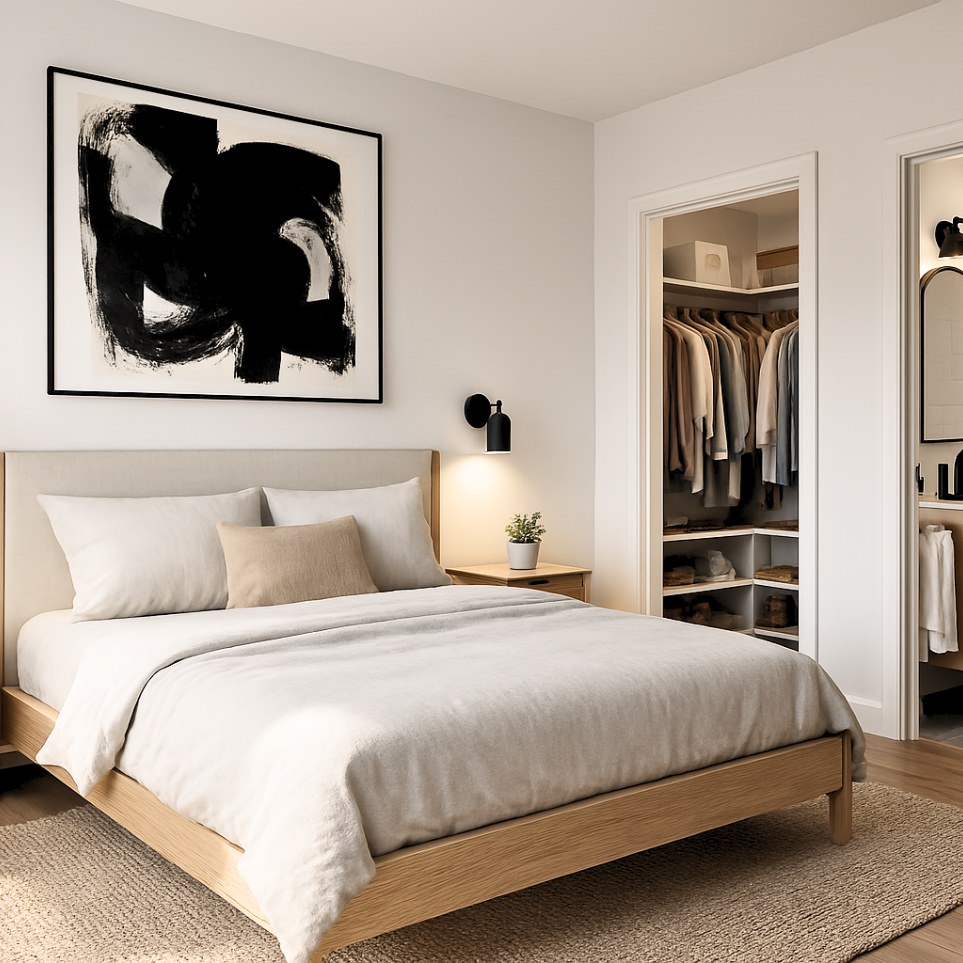 Private primary bedroom suite in 900 sq ft ADU plans with a walk-in closet and ensuite bathroom, styled with minimalist decor.