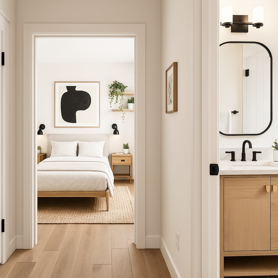 Second bedroom design from 900 sq ft ADU plans, shown with direct hallway access to a nearby full bathroom for guest or family use.