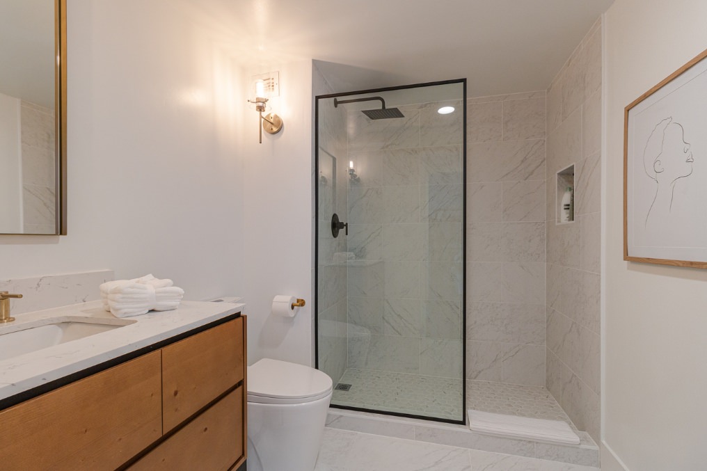 High-End Bathroom with Glass Shower Enclosure in San Diego ADU