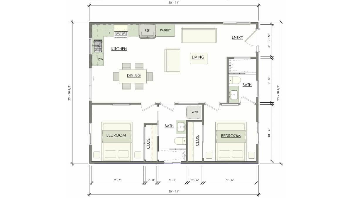 Exterior view of Alder model – 2 bedroom ADU floor plans 800 sq ft with stucco finish, tile roofing, and desert landscaping