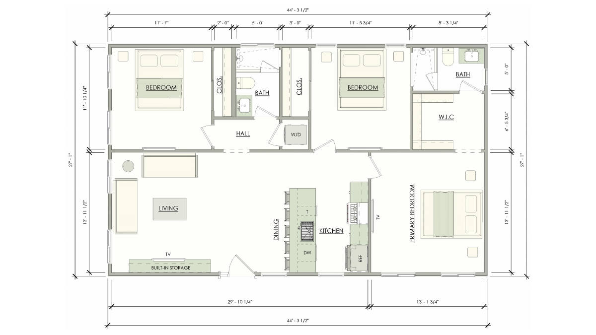 Featured exterior rendering of the Mahogany 1200 sq ft ADU plans showcasing a stylish 3-bedroom, 2-bath design.