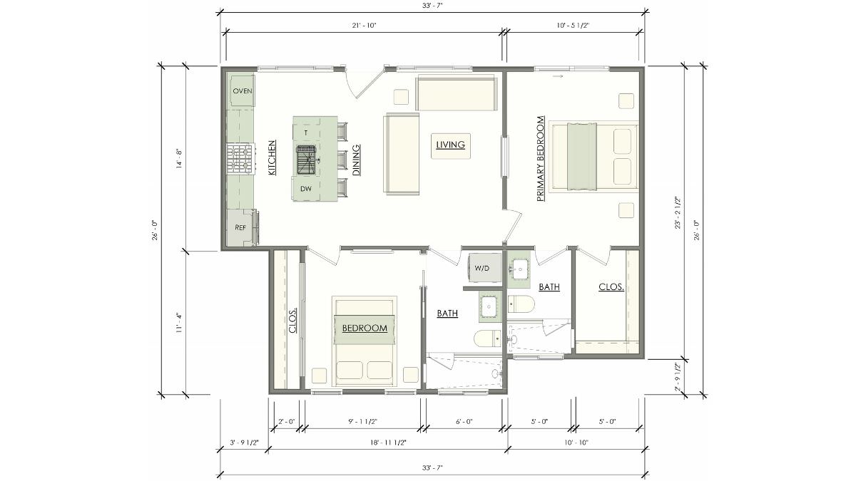 Featured image of Mesquite 880 sq ft ADU plans highlighting the white exterior with black trim and metal roofing.