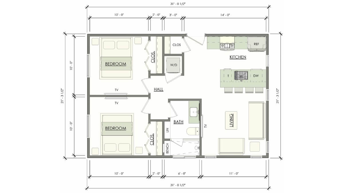 Featured Image of Oak 650 sq ft ADU plans exterior with yard view.
