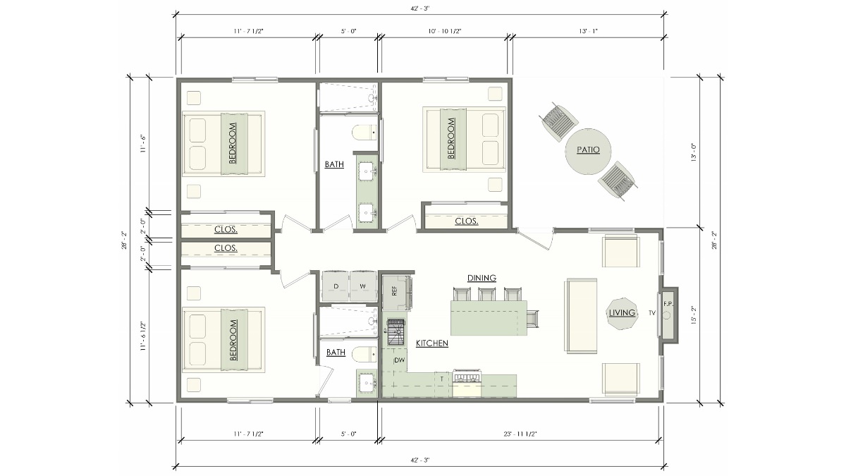 Exterior view of Sequoia 1020 sq ft, 3 Bedroom, 2 Bathroom ADU Plans with modern landscaping and lighting.