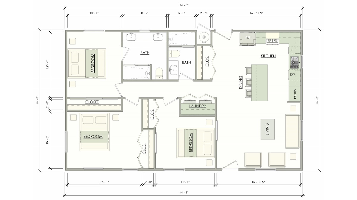 Torrey Pine Floor Plan layout diagram – optimized 3 bedroom ADU plans