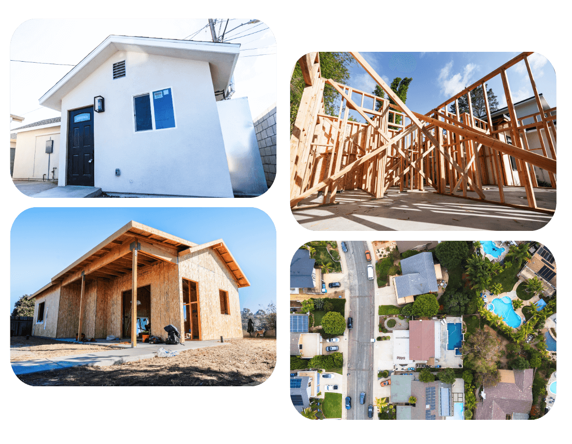 Side-by-side construction phases of Maple adu floor plans 800 sq ft including framing, finished exterior, and drone views