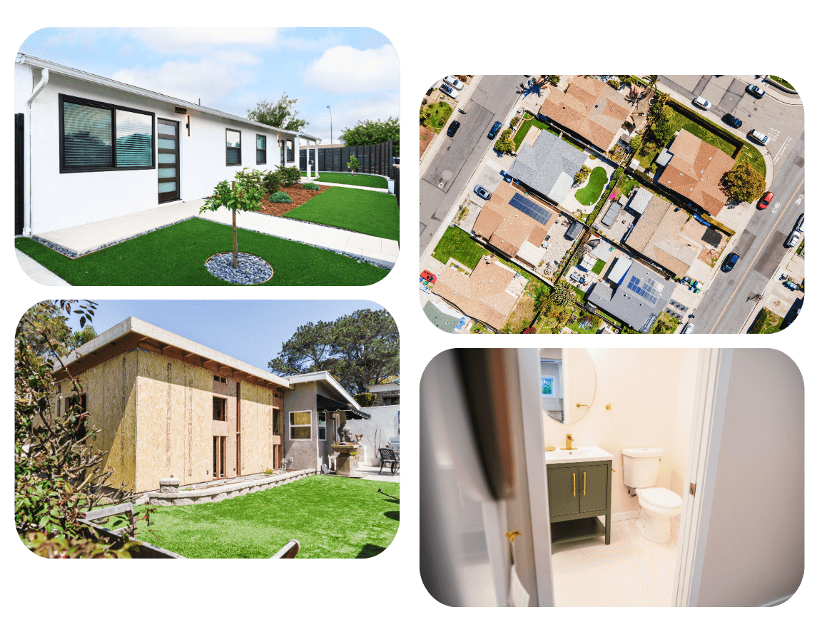 Collage of Mesquite 880 sq ft ADU floor plan images featuring exterior shots, in-progress construction, bathroom design, and aerial views of property lots.