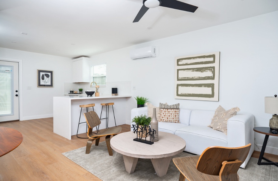 Living room and kitchen design recommendation for Mesquite 880 sq ft ADU plans, showcasing a cozy and functional interior layout.