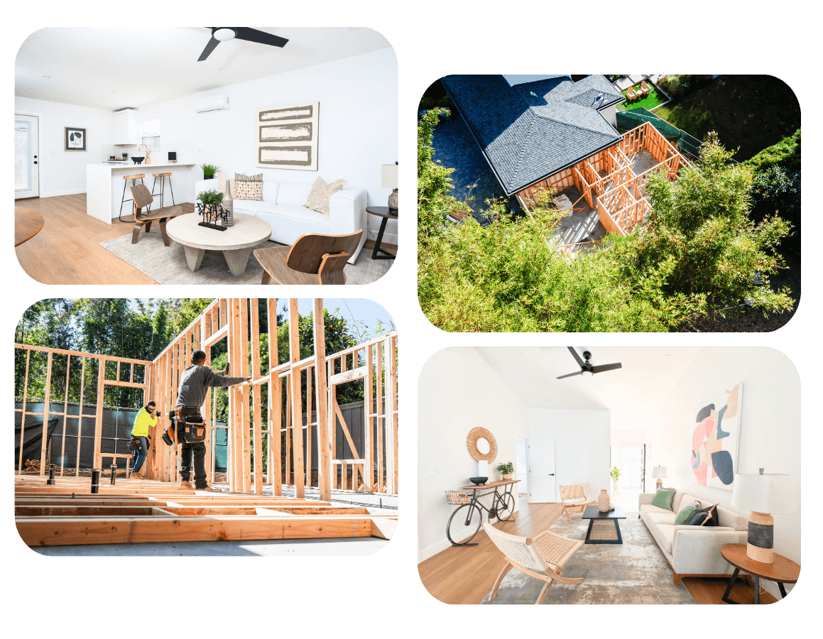 Progression of a 900 sq ft ADU build from framing to furnished interiors, showcasing the construction and finished look of 900 sq ft ADU plans.