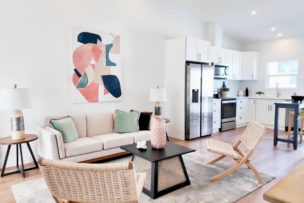 Bright, modern living room with contemporary artwork in Pacific Beach ADU