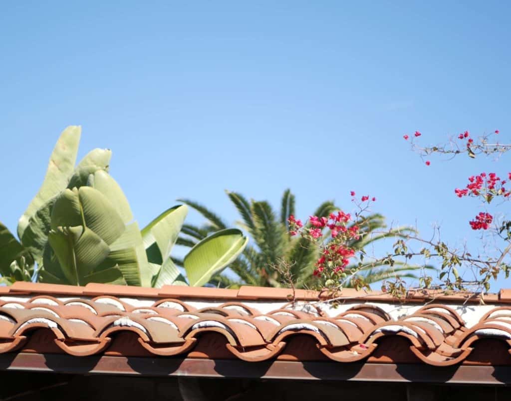 raditional Spanish-style ADU with vibrant red clay roof tiles surrounded by tropical plants.