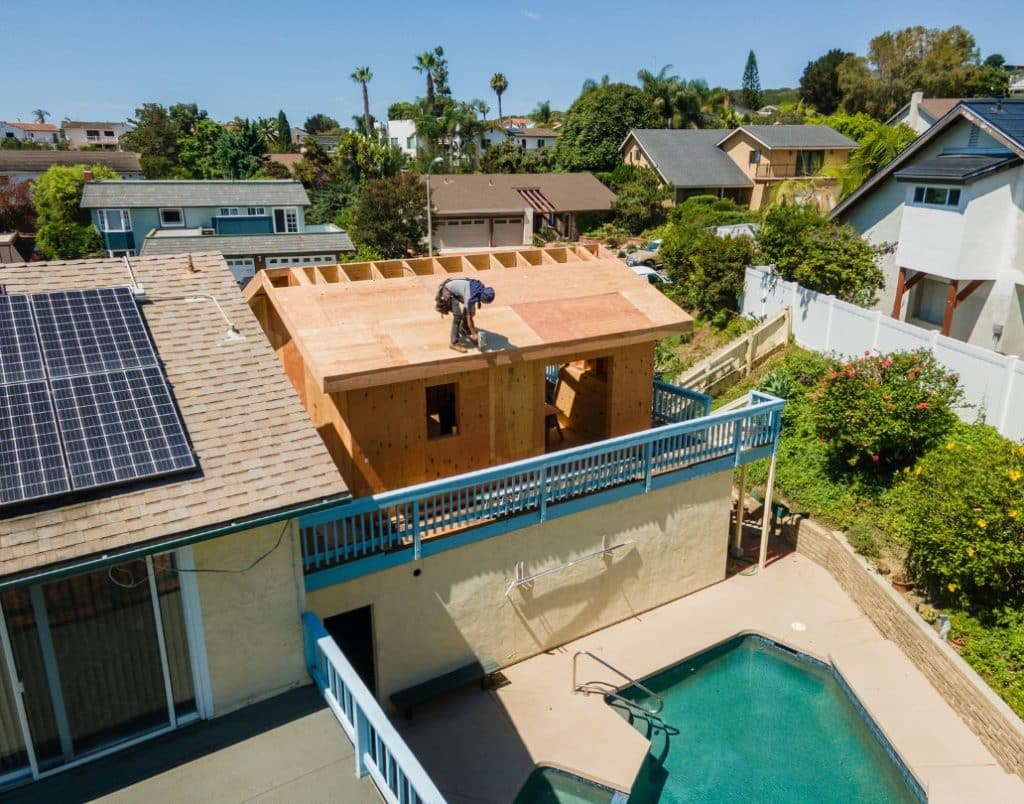 A two-story ADU under construction, maximizing vertical space for enhanced living area.