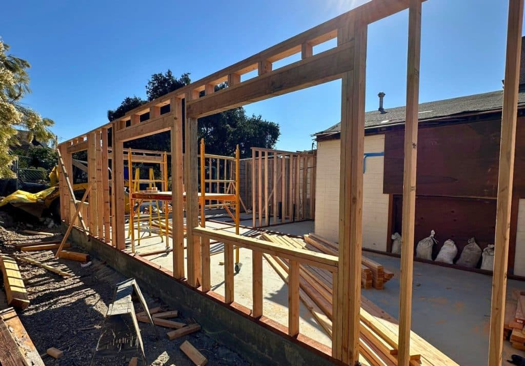 Wood framing construction for an ADU, representing the incentives and benefits of the ADU Bonus Program in San Diego.