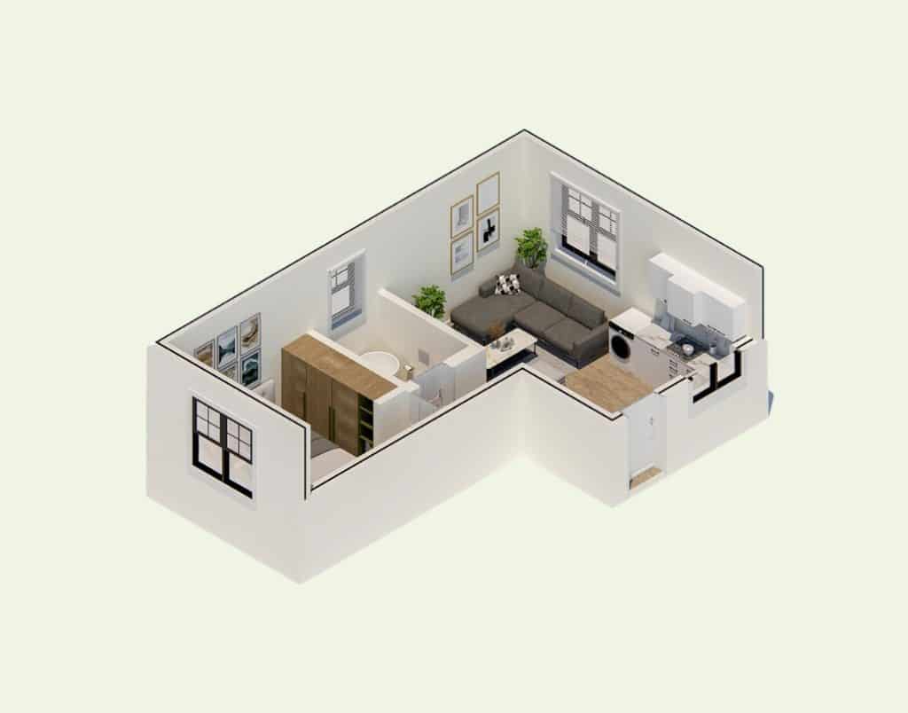 A 3D rendering of a 1-bedroom, 1-bathroom ADU with an L-shaped layout emphasizing efficient use of space.