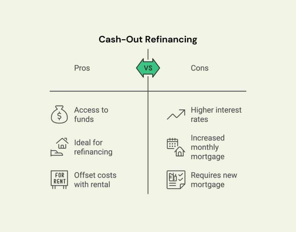 Comparison chart showing the pros and cons of cash-out refinancing for ADU financing.