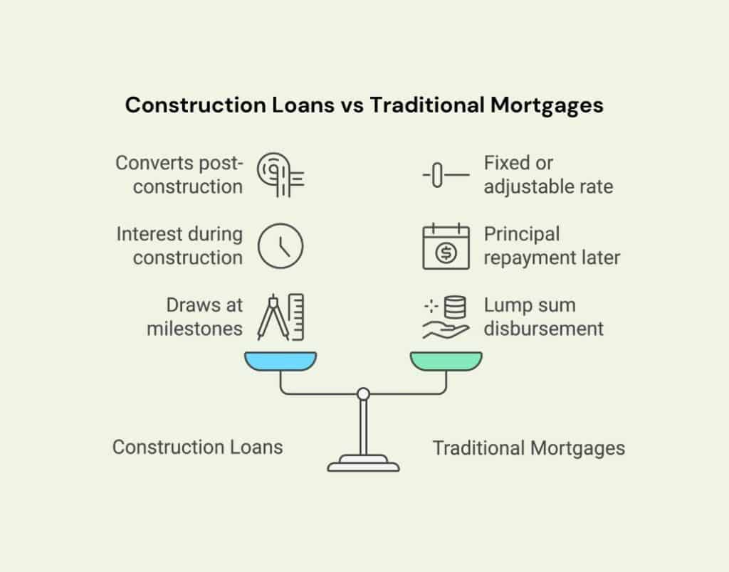 Comparison scale showing the differences between construction loans and traditional mortgages.