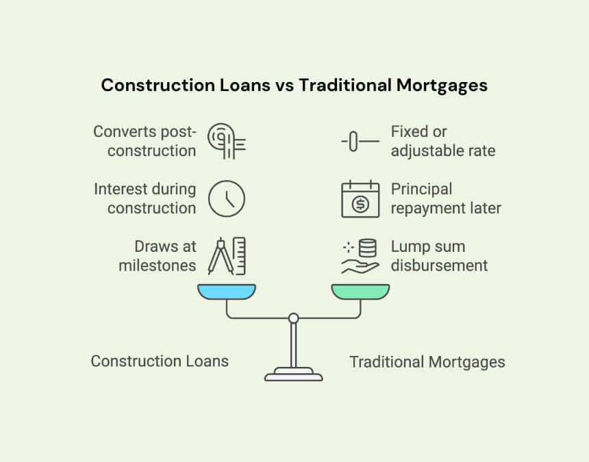 Construction Loans vs Traditional Mortgages – milestone draws, interest-only during build, convert to permanent loan.