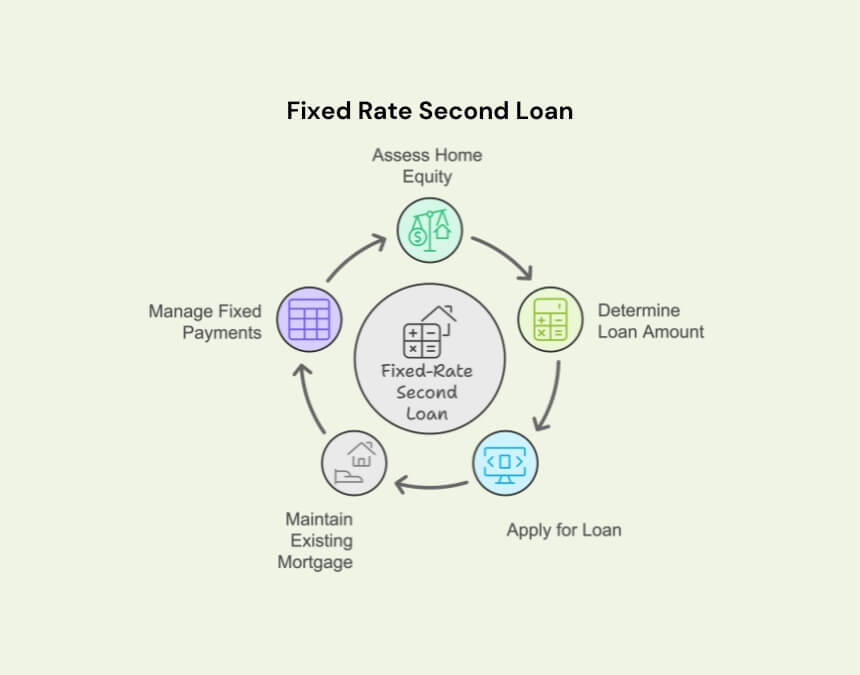 Fixed Rate Second Loan – lifecycle for a fixed-rate second mortgage (assess equity, determine amount, apply, maintain 1st, manage payments).