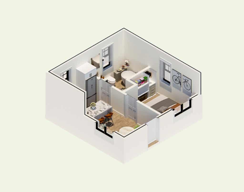 A detailed 3D model of a 400 sq. ft. garage conversion ADU with a minimalist design.