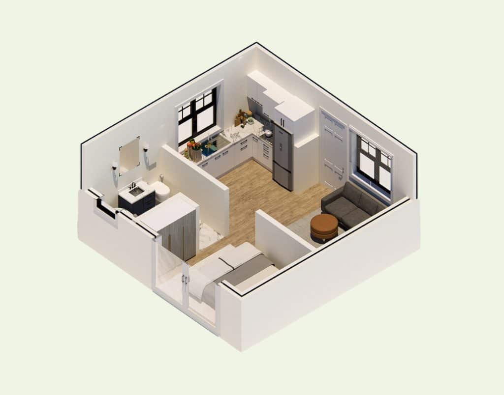 3D rendering of a compact and efficient 400 sq ft studio ADU with modern amenities.