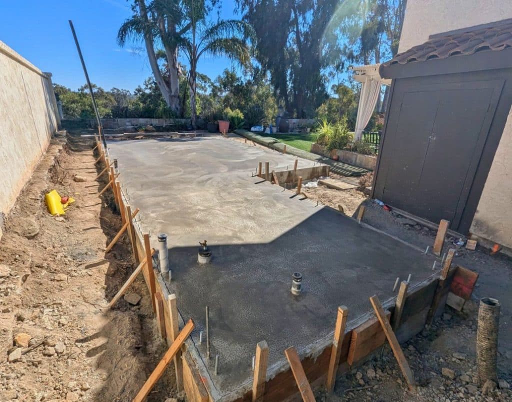 Concrete footings and foundation preparation for an ADU in California.