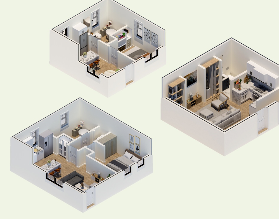 3D customizable casita floor plans with different layouts.