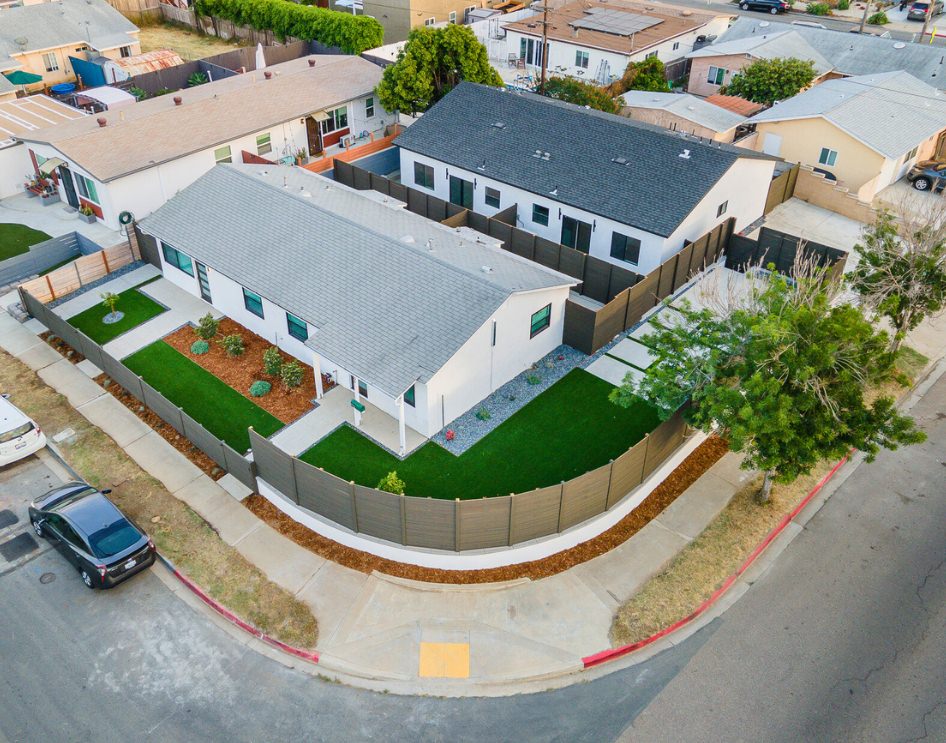 Aerial view of a newly built custom ADU showcasing a modern backyard transformation with well-designed landscaping.