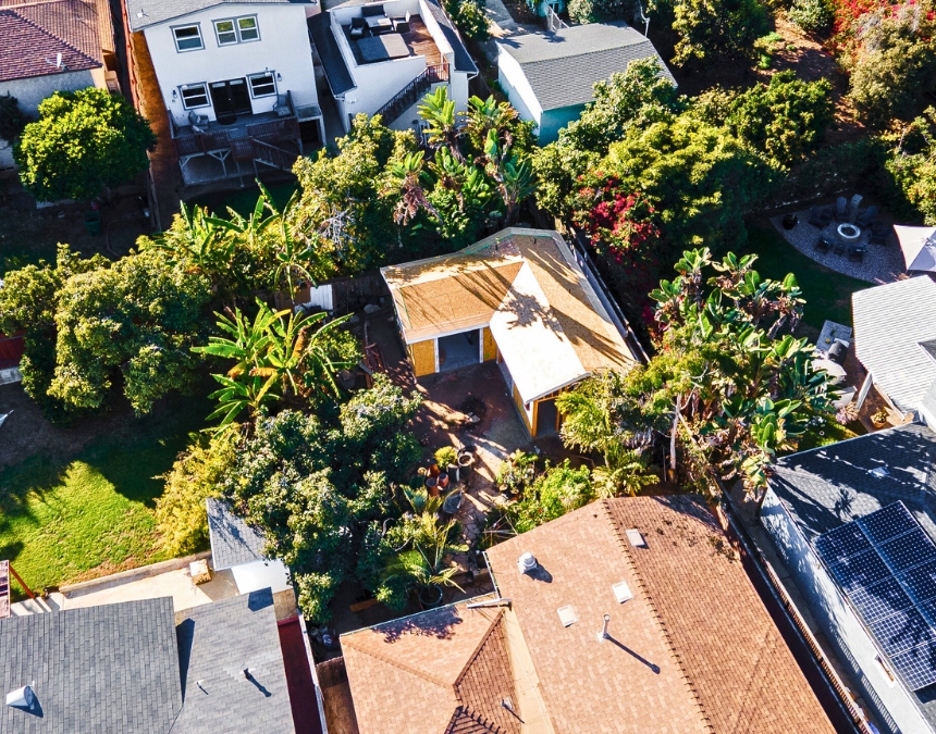 Aerial view of ADU construction in progress in a densely populated San Diego neighborhood