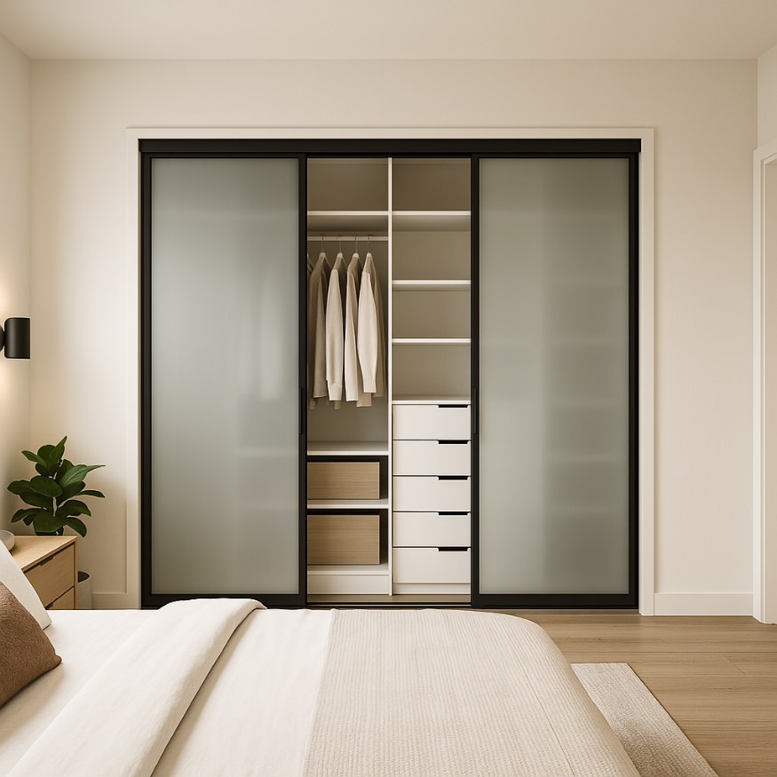 Custom bedroom closet design in 1000 sq ft ADU floor plan, showcasing modern storage solutions with sliding frosted doors.