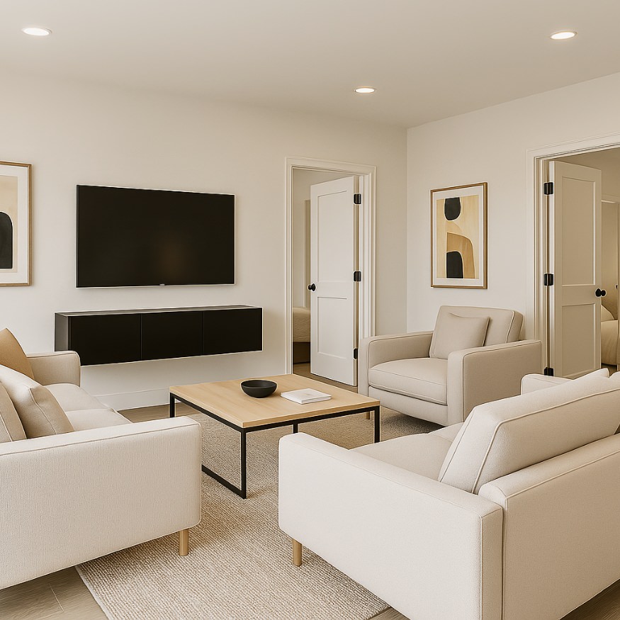 Living room view from the 1000 sq ft ADU floor plan, demonstrating the compact yet spacious footprint with neutral décor.