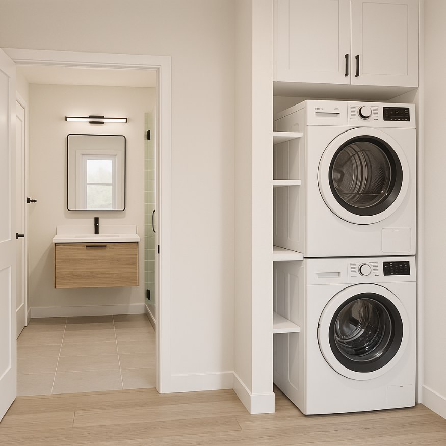 Dedicated laundry room in 1000 sq ft ADU layout with stacked washer-dryer and adjacent full bath access.