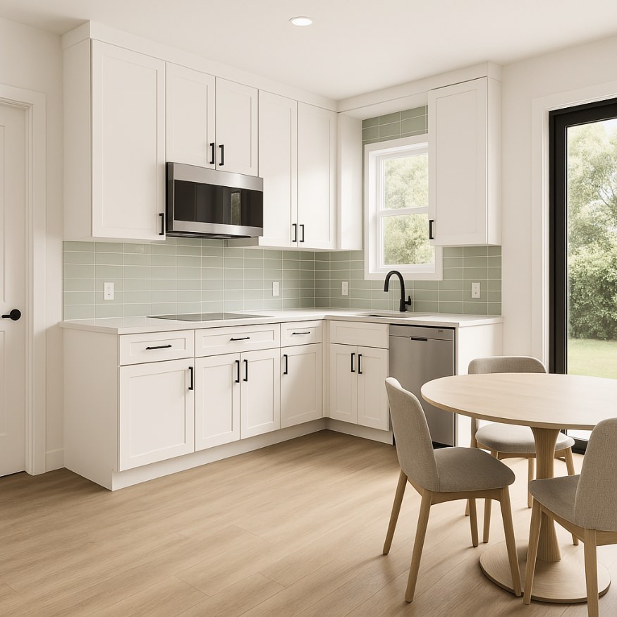 Efficient kitchen design in 1000 sq ft ADU showcasing L-shaped cabinetry, soft tones, and compact dining area.