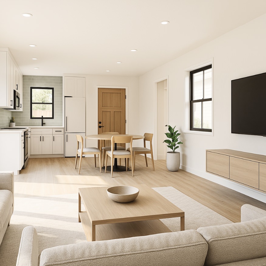 Open-concept living space in 1000 sq ft ADU floor plan blending kitchen, dining, and living areas in a modern setup.