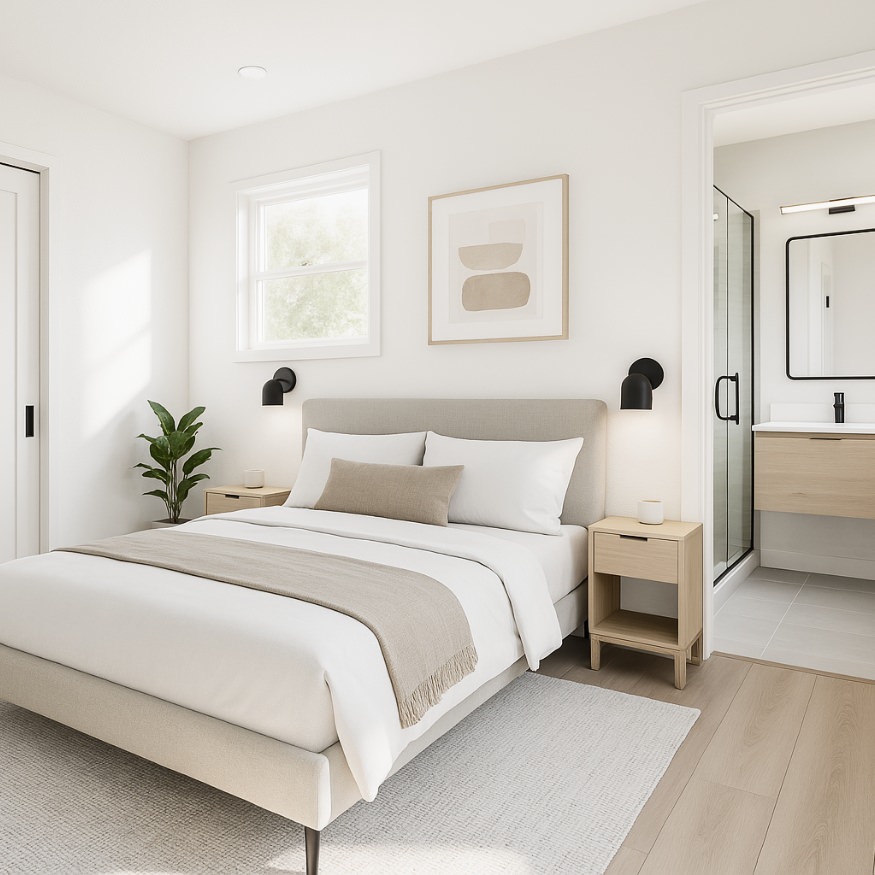 Primary bedroom with en-suite bath from the 1000 sq ft ADU floor plan featuring modern finishes and soft natural light.