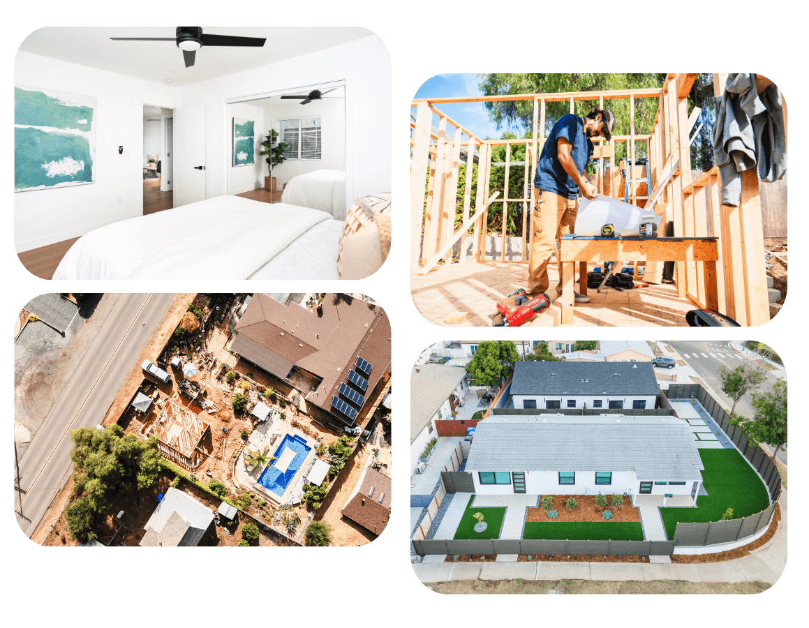 Photo collage showing design, construction, aerial build, and completed exterior stages of a Banyan 1000 sq ft ADU with 3 bedrooms and 2 bathrooms.
