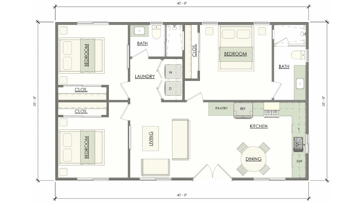 Featured image of the Banyan 1000 sq ft ADU exterior showcasing modern landscaping and lighting – perfect for a stylish 3-bedroom, 2-bath layout.