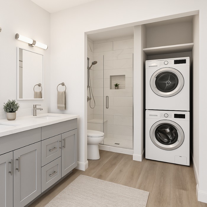 Compact laundry nook with stacked washer/dryer in a modern bathroom – 1000 SQ FT 2 Bedroom 2 Bath ADU Floor Plan Centralized Laundry Nook – optimized utility in 2 bedroom 2 bath ADU plans.