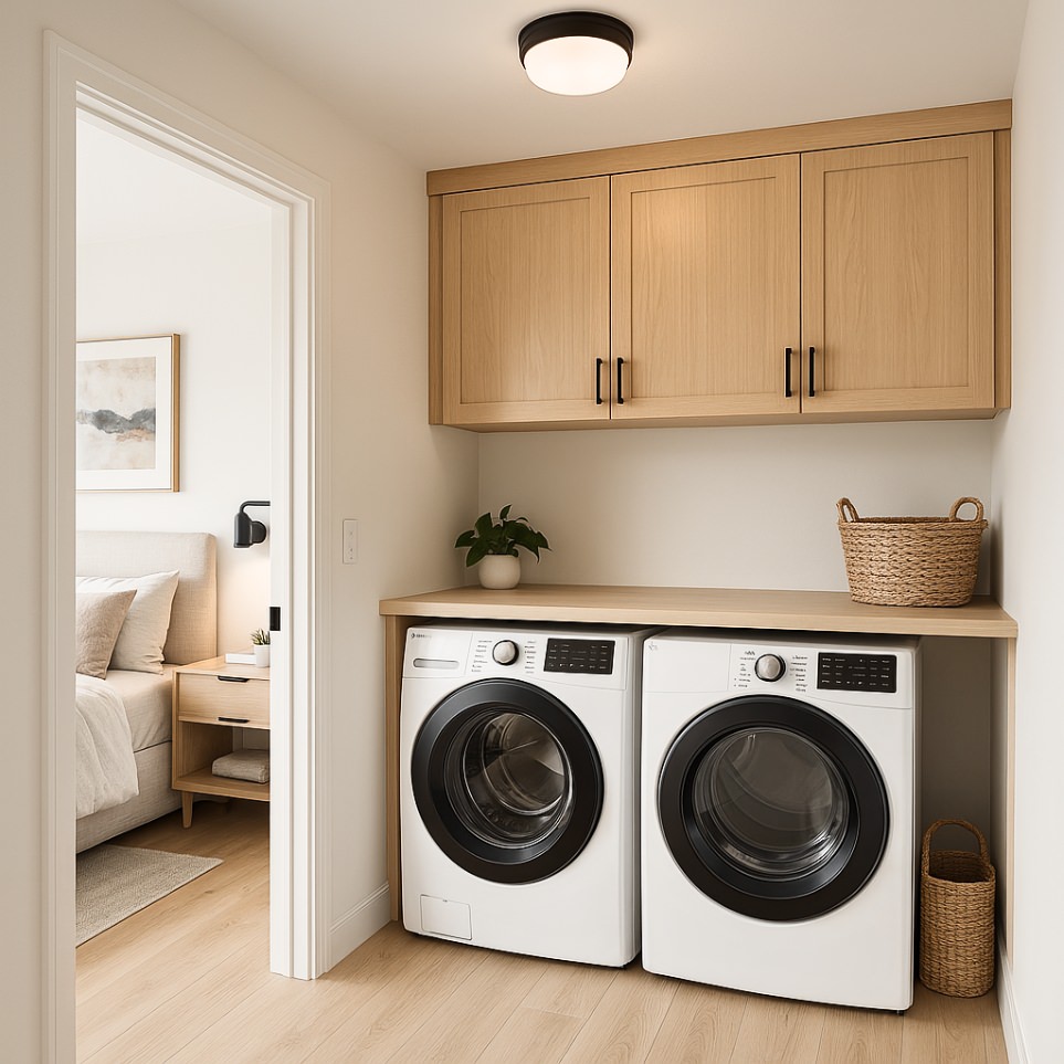 Dedicated laundry area in the 1000 sq ft ADU with side-by-side washer and dryer, wood cabinetry, and efficient storage layout.