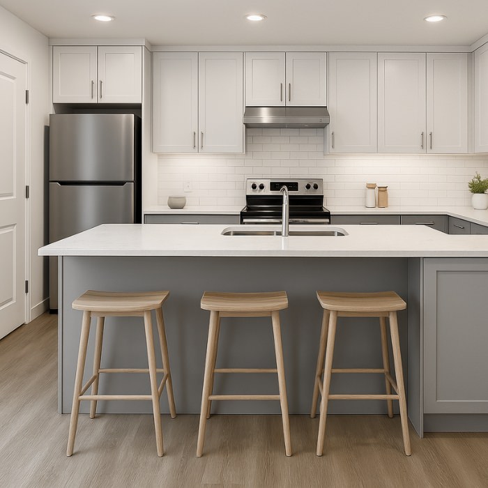 Modern ADU kitchen with L-shaped layout, center island, and ample pantry space – 1000 SQ FT 2 Bedroom 2 Bath ADU Floor Plan - L-Shaped Kitchen with Large Island & Pantry – perfect feature of 2 bedroom 2 bath ADU plans.